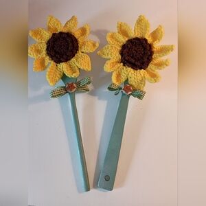 Sale! Crochet Sunflower Stems - Upcycled Wood Utensils